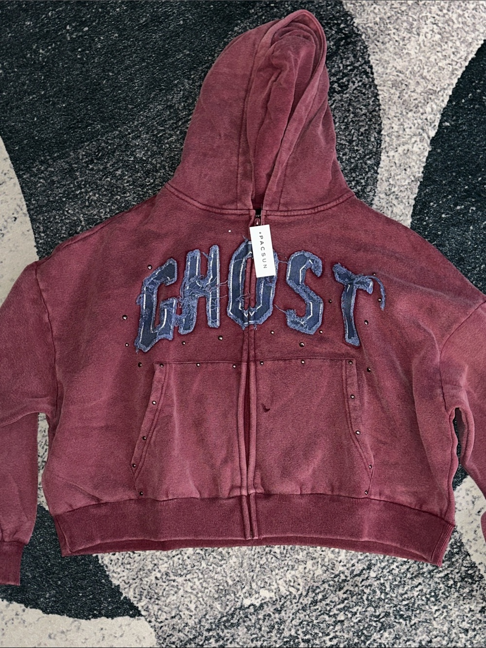 PacSun Burgundy 'GHOST' Embroidered Zip-Up Hoodie